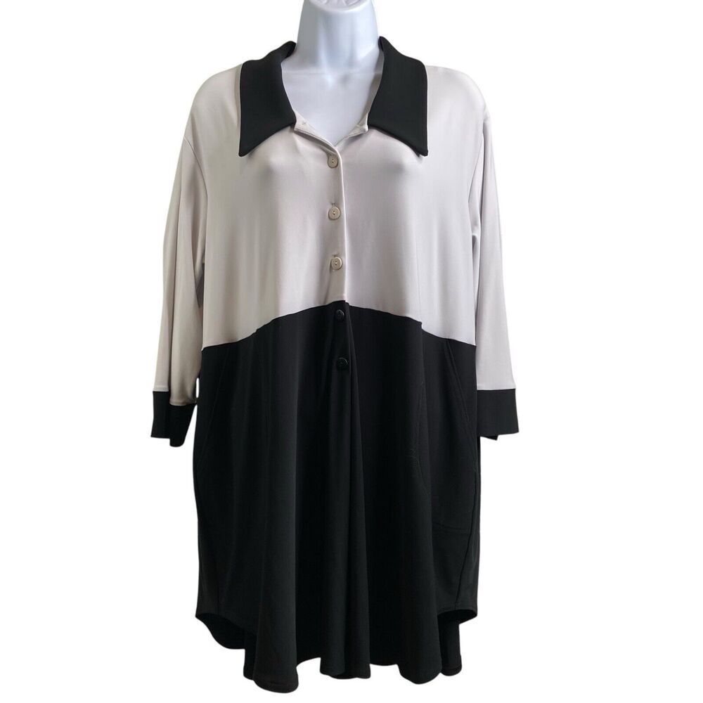 Sympli Women's Black /White Colorblock Button Up Shirt Size 14 Lagenlook‎ Scandi